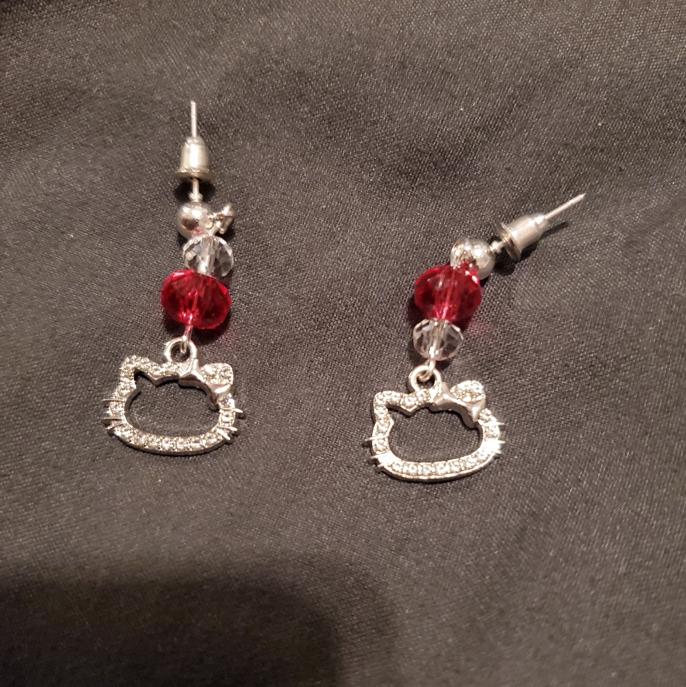 Silver and Swarovski crystal Hello Kitty dangle earrings